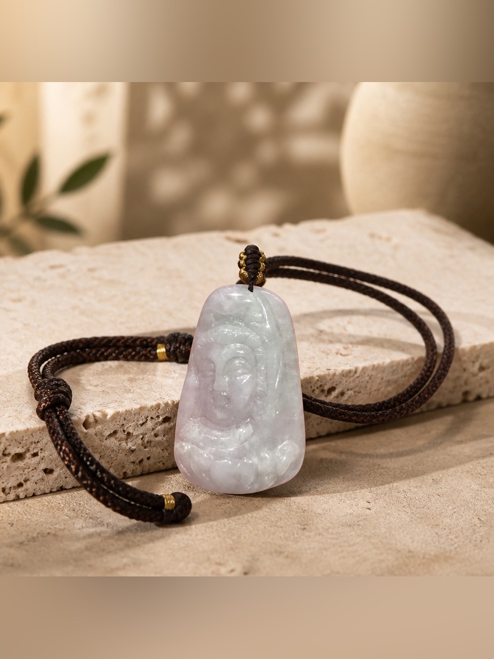 Jadeite Hand carved Jade Pendant Necklace with Brown Cord